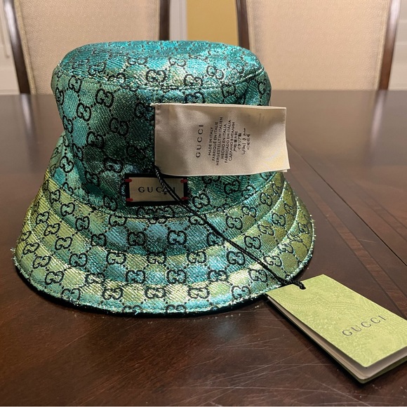 New Gucci GG Supreme Logo Green Floral Double Sided Bucket Hat Size L - Picture 4 of 16